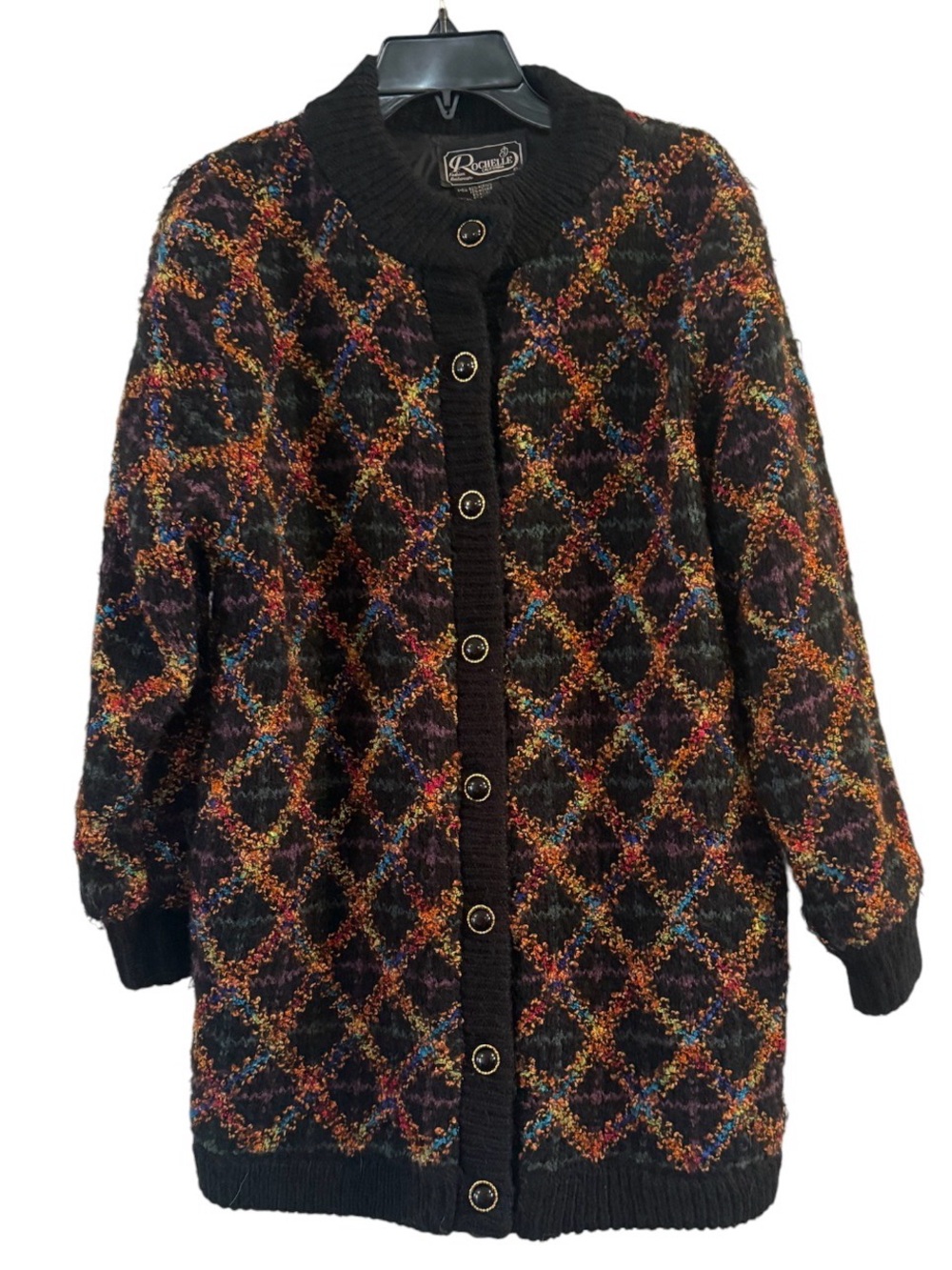 Vintage Rochelle California Womens Cardigan Sweater Lined Jacket Harlequin S